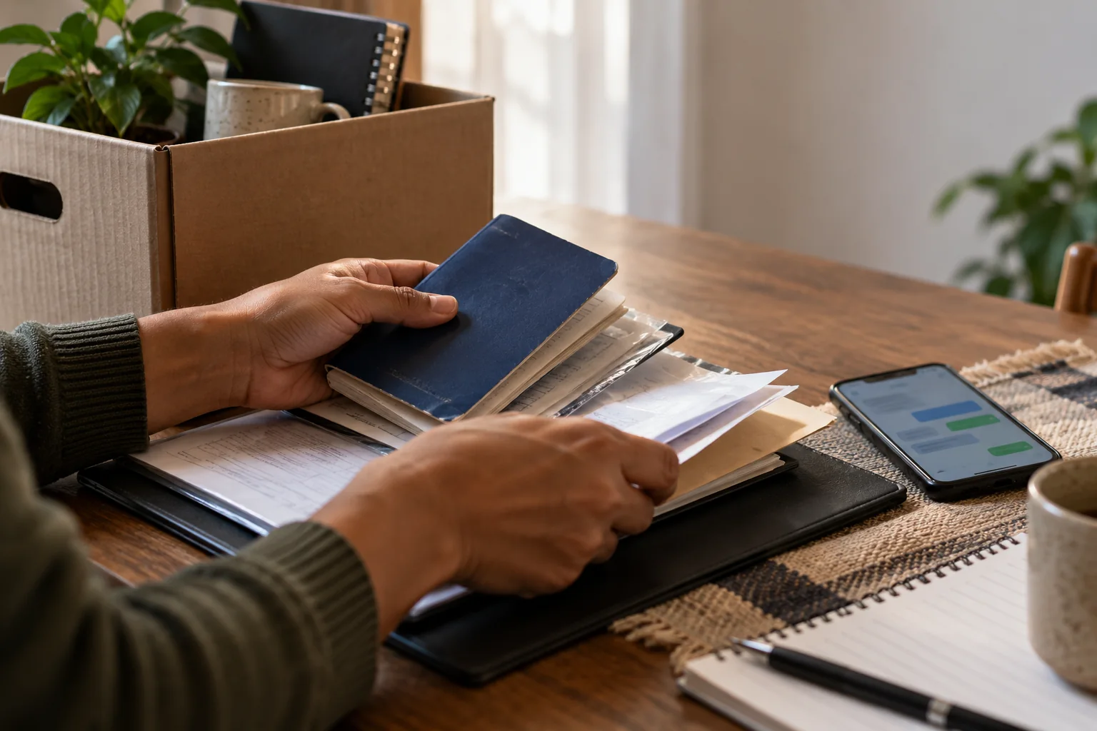 Pessoa reunindo documentos e registros relacionados ao trabalho