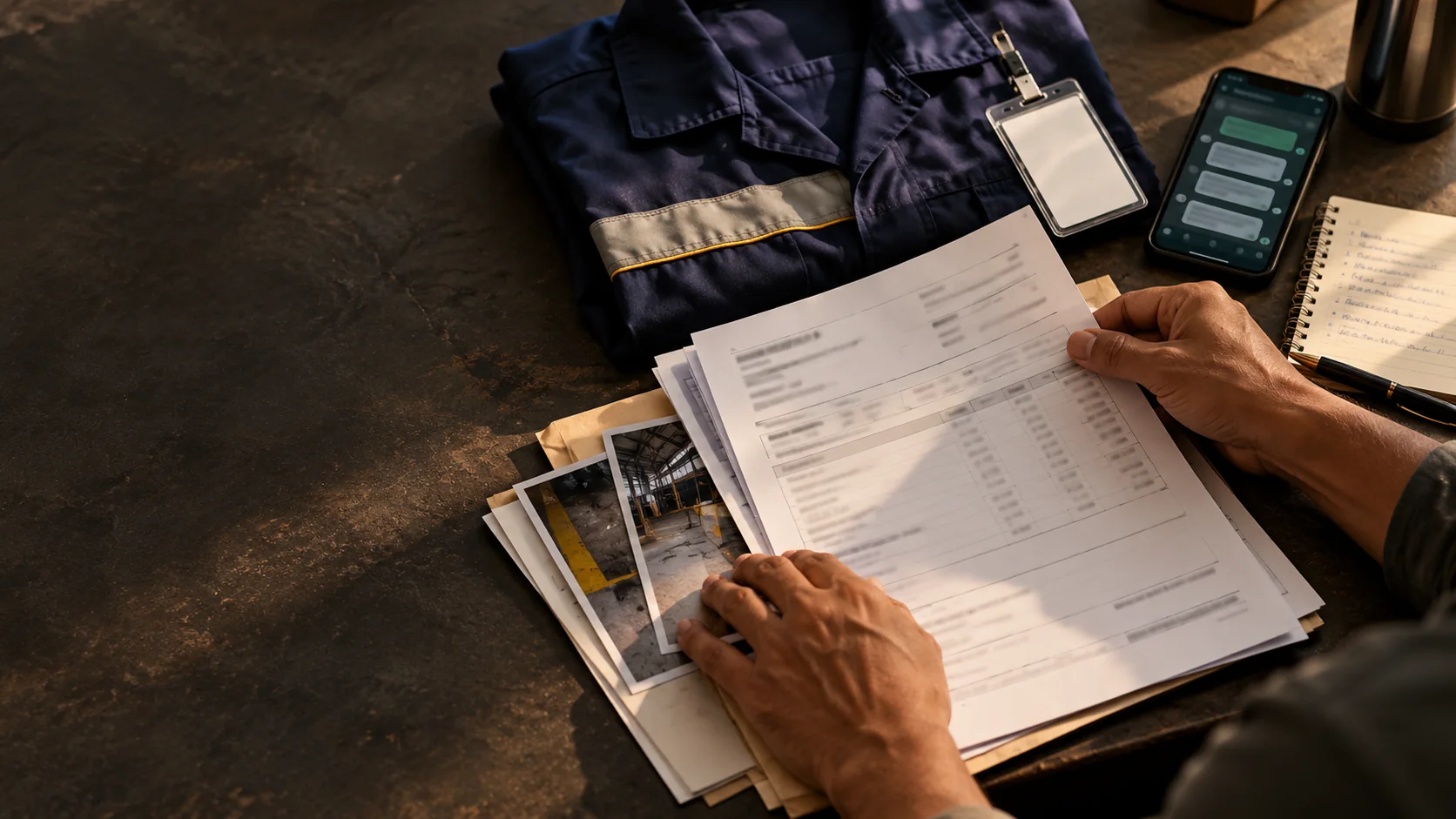 Trabalhador organizando documentos relacionados à sua rotina profissional